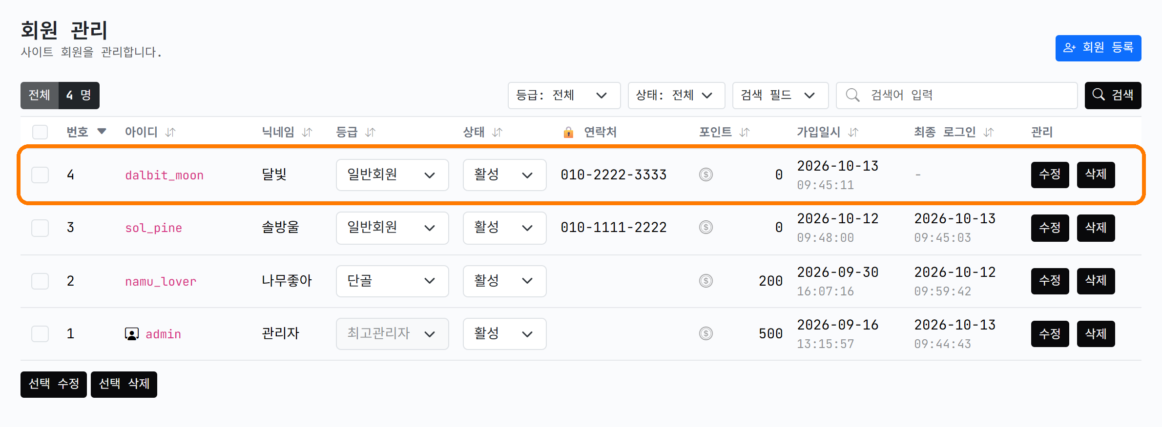 등록된 회원이 목록에 보임