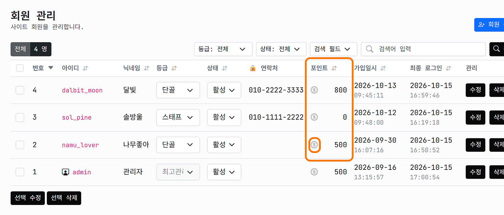 회원 목록의 포인트 칸